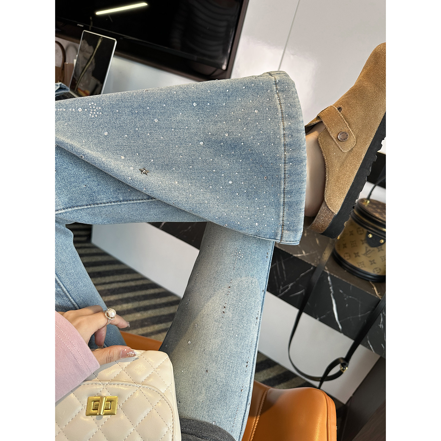 巨好看！流星闪钻~复古高腰修身微喇裤子女冬加绒加厚烫钻牛仔裤,女装/女士精品,牛仔裤,淘宝优惠券,粉丝福利购,淘宝优惠卷