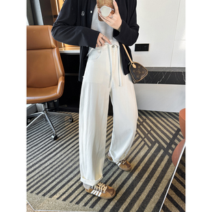 女2026新款 子高腰宽松阔腿白色牛仔裤 春 人字纹弯刀裤 质感封神