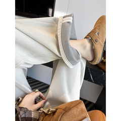 太好看啦！小马刺绣拖地牛仔裤女新款冬季保暖白色植绒宽松阔腿裤