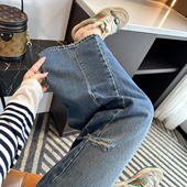 松弛感高腰宽松拖地裤 女春新款 时髦破洞阔腿牛仔裤 街拍吸睛王