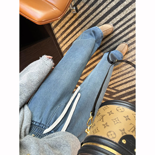 宽松慵懒牛仔裤 女复古水洗韩版 松紧腰加厚绒休闲裤 冬日王炸来袭