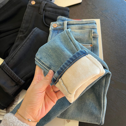 三色做旧水洗色！加绒铅笔牛仔裤