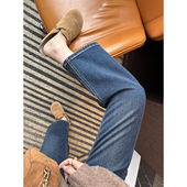 百搭高腰弹力九分直筒裤 女秋冬新款 植绒法棍牛仔裤 双腿直溜溜