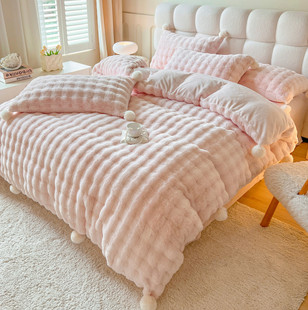 冬季加厚獭兔毛皮草牛奶绒四件套双面加绒公主风床笠款珊瑚绒被套