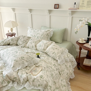 小清新纯棉全棉四件套公主风蕾丝边被套床单1.8米网红款 床上用品