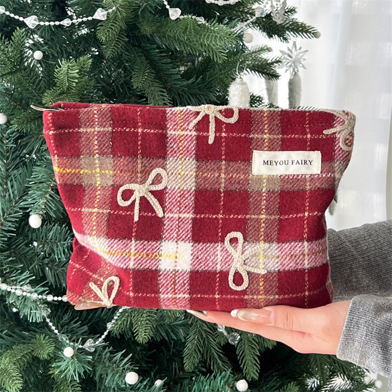 2026新年化妆包格子布艺收纳袋绣花蝴蝶结小方包旅行洗漱包手提包,收纳整理,化妆包,淘宝优惠券,粉丝福利购,淘宝优惠卷