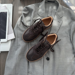 「GoWish」巧克力真皮德训鞋女2023新款秋冬运动休闲平底鞋板鞋