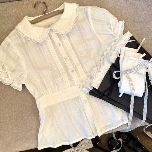 【小铃兰】狗皮皮jk原创春季新品花边衬衣白色短袖衬衫