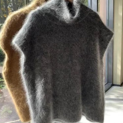 高领短袖羊绒衫女毛绒绒背心马甲