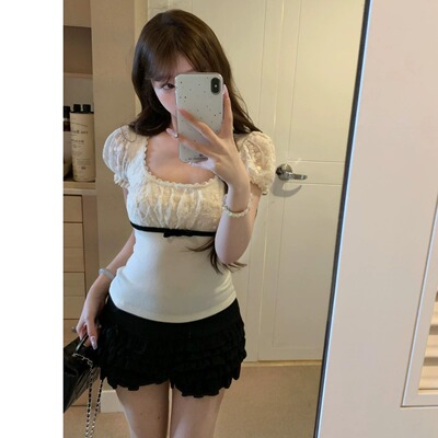 Lukira娇宠小miu泡泡袖t恤女方领蕾丝拼接蝴蝶结修身显瘦短袖上衣
