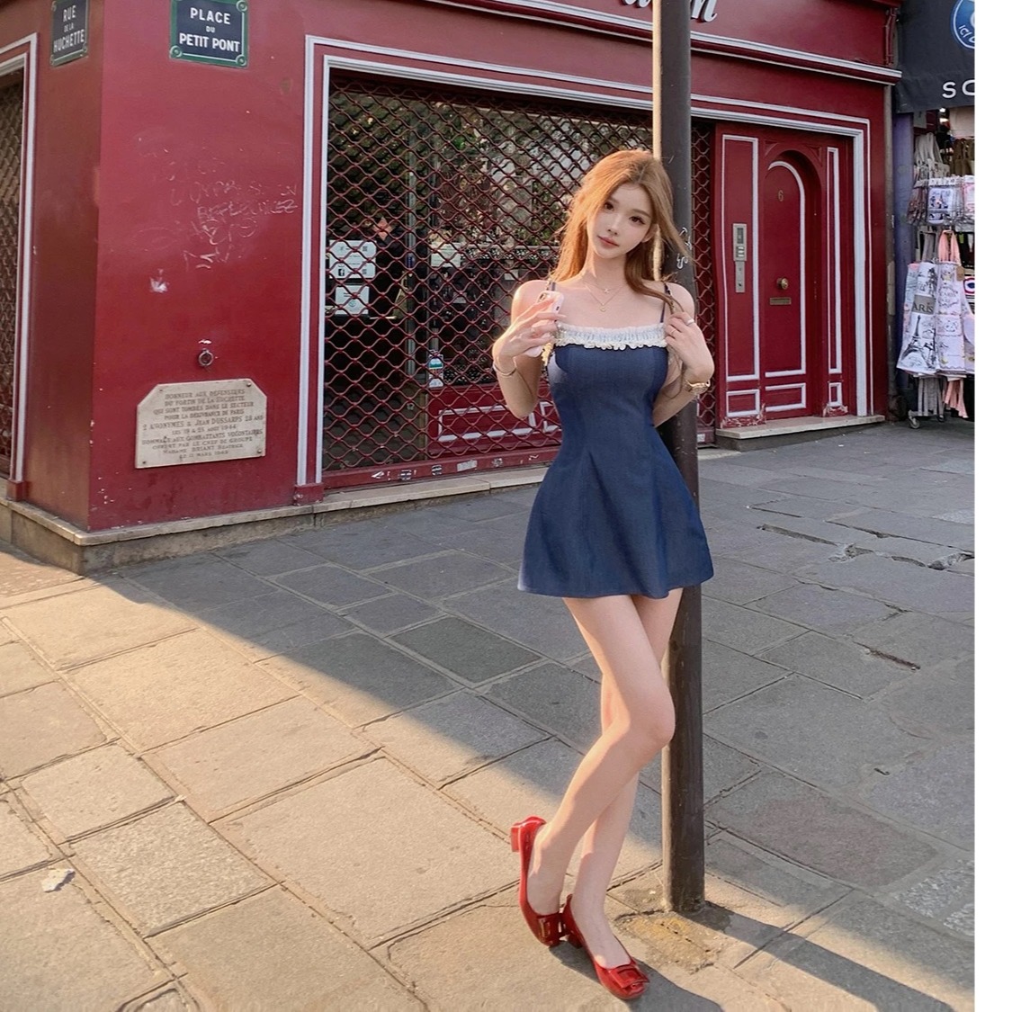 JMSHOP 少女香气 仿牛仔花边吊带上衣女设计感夏季a字连衣裙