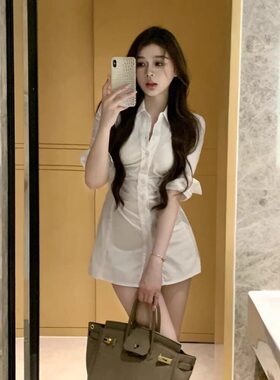 御姐设计感修身褶皱翻领性感衬衫裙女收腰西显瘦微透白色连衣裙