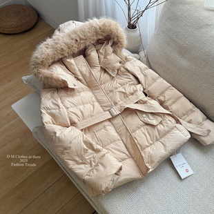 奶咖色大毛领连帽收腰羽绒服女中长款加厚保暖冬季外套
