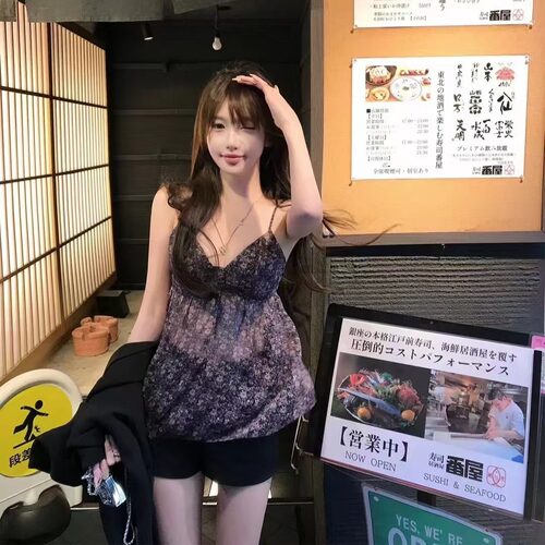 夏日清凉休闲“度假系列”微透紫色碎花吊带
