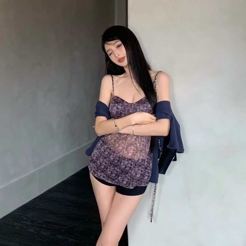 秘境花园法式雪纺紫色小碎花吊带开衫短裤套装