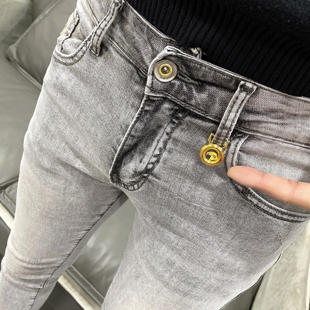 潮男春夏新韩版 一条有腔调 小脚牛仔长裤 烟灰色修身 青年弹力裤