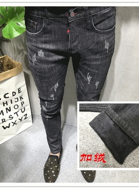 加绒加厚保暖修身小脚牛仔裤男冬新款韩版潮男长社会小伙快手红人