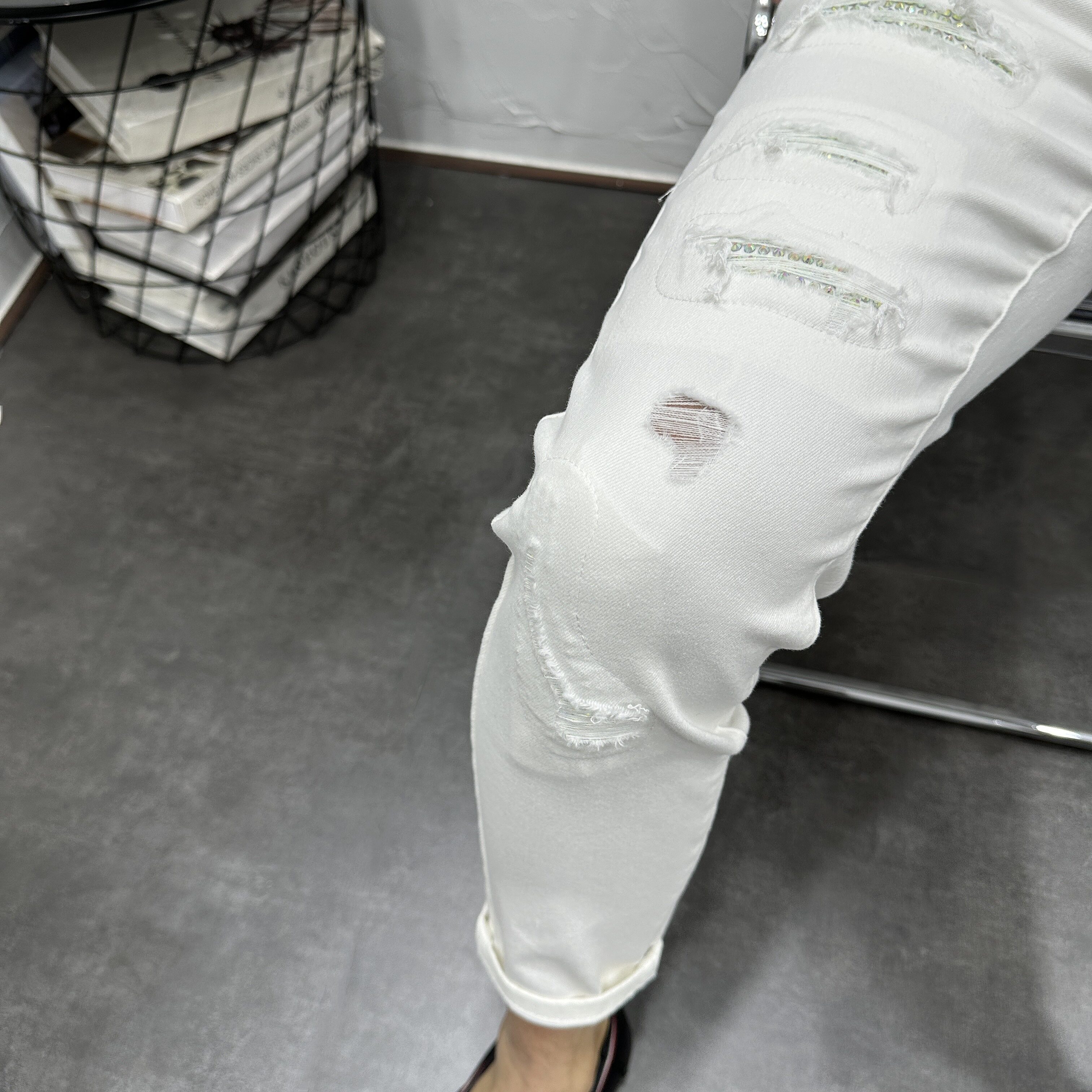 白色破洞贴布烫钻水洗弹力修身小脚九分牛仔裤男春夏潮流休闲百搭