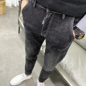斜插口袋黑灰微垮小脚修身 社会青年学生百搭长裤 牛仔裤 男潮秋韩版