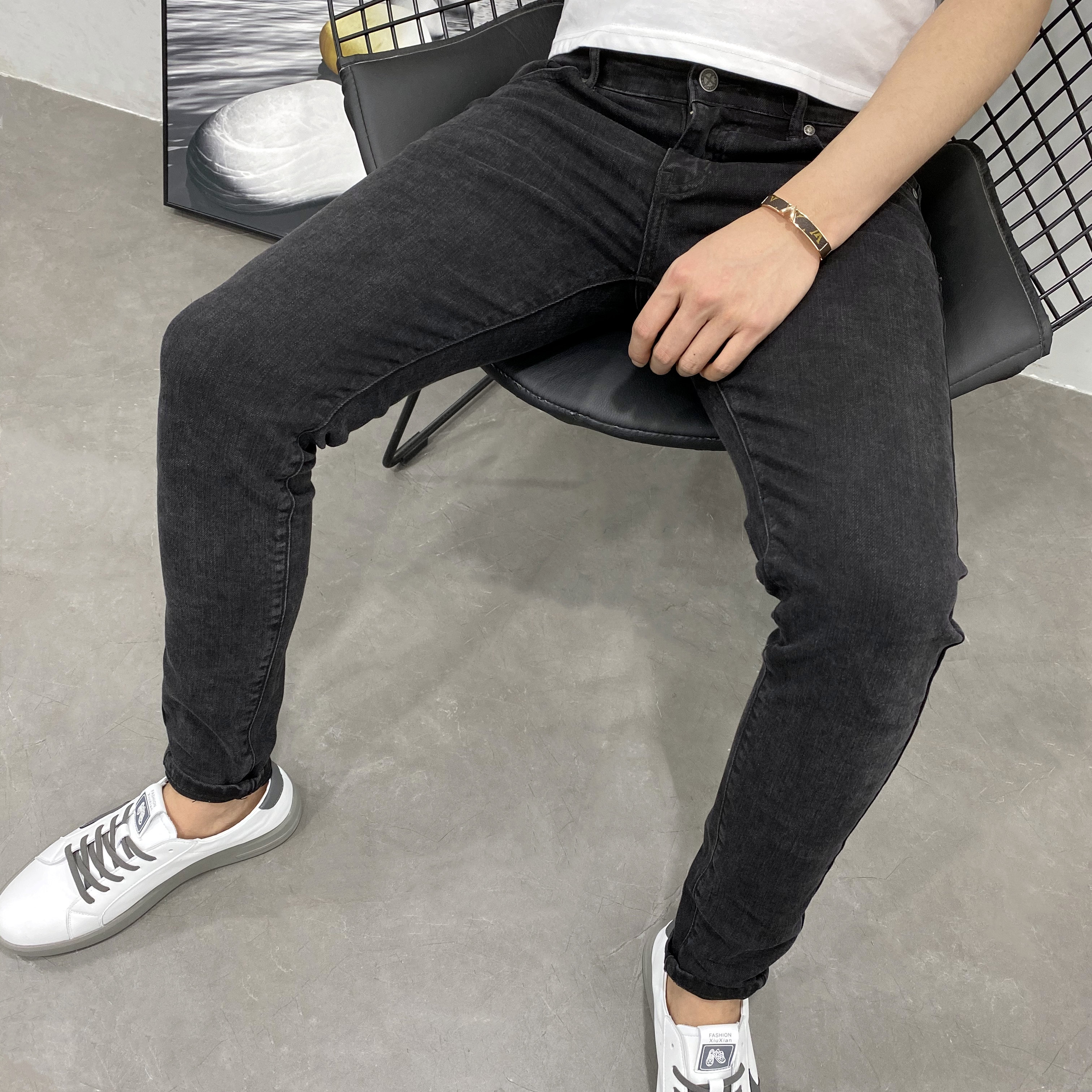 经典黑灰九分青年中低腰牛仔长裤