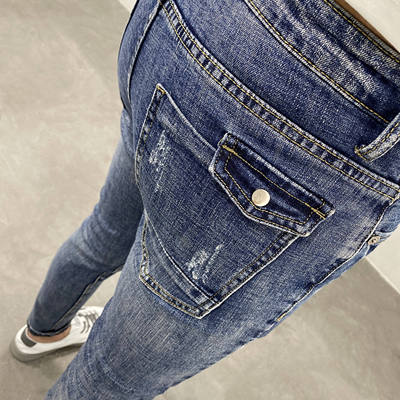 水洗蓝口袋猫须抓痕男修身牛仔裤