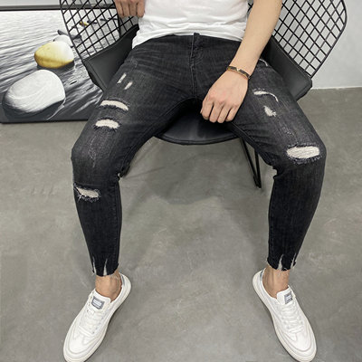 毛边裤脚破洞小脚九分青春中低腰