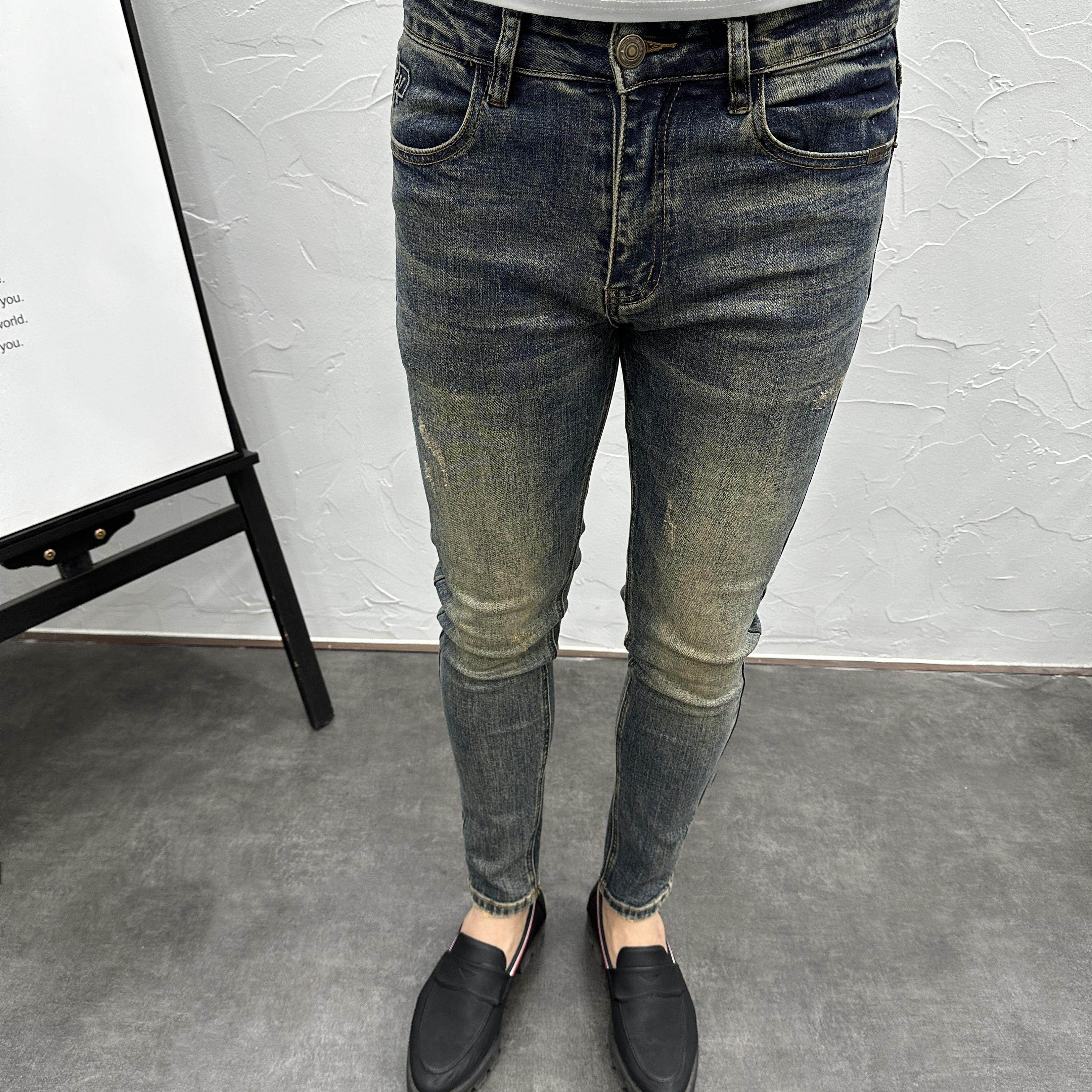 潮牌痞帅破洞贴布做旧蓝水洗修身小脚牛仔裤男士秋冬弹力休闲长裤,男装,牛仔裤,淘宝优惠券,粉丝福利购,淘宝优惠卷