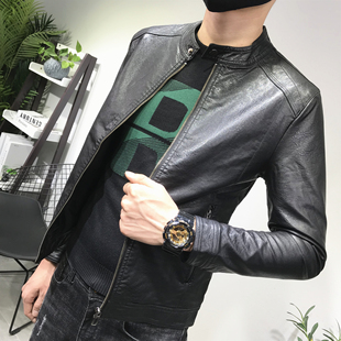 拉链休闲夹克社会人网红青年 修身 经典 百搭立领皮衣潮男春秋新韩版