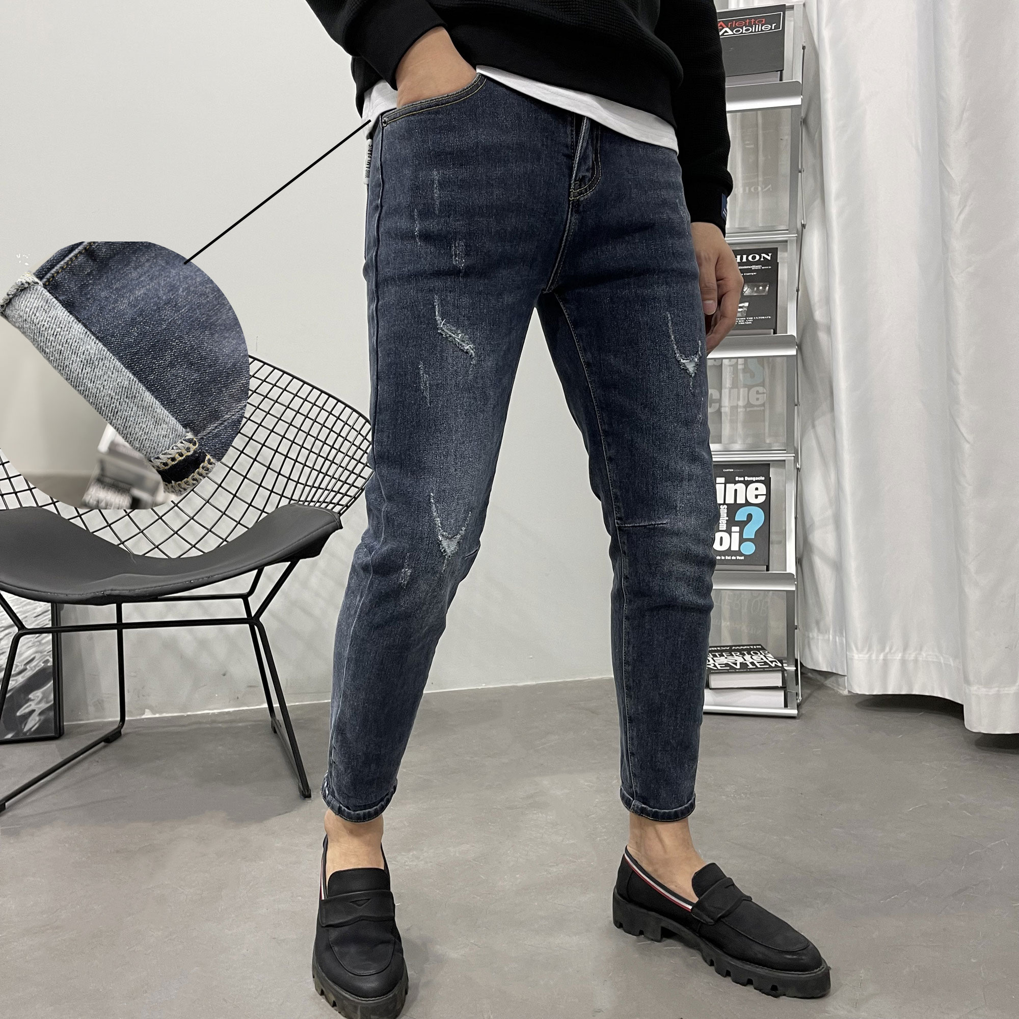 破洞蓝色薄绒加厚小脚修身牛仔长裤潮男冬新青年休闲弹力抓毛保暖