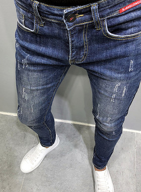 潮男原创秋新韩版修身深蓝贴标显瘦百搭小脚牛仔裤社会小伙青年长