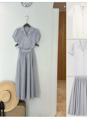 韩国@ND YOU 25夏 清新蓝色条纹复古衬衫+半身裙 2色