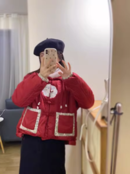 新中式红色刺绣羽绒服女2025冬季新款国风复古短款新年白鸭绒外套