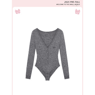 显瘦上衣女打底衫 V领针织连体衣小众设计修身 灰色修身 Lisa同款