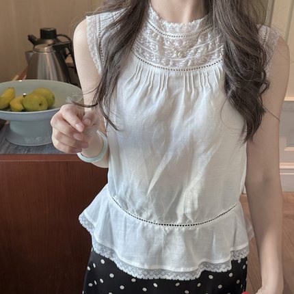 法式温柔天丝苎麻蕾丝荷叶边衬衫女夏季气质无袖背心花边小衫上衣
