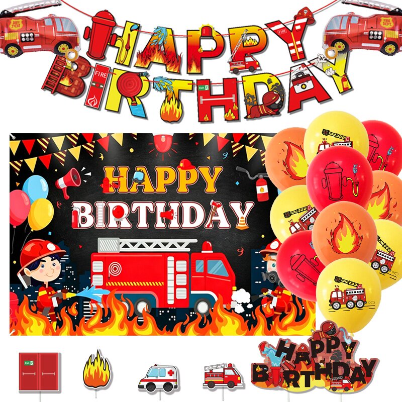 消防车主题生日周岁派对装饰背景挂布消防车海报气球拉旗蛋糕插牌
