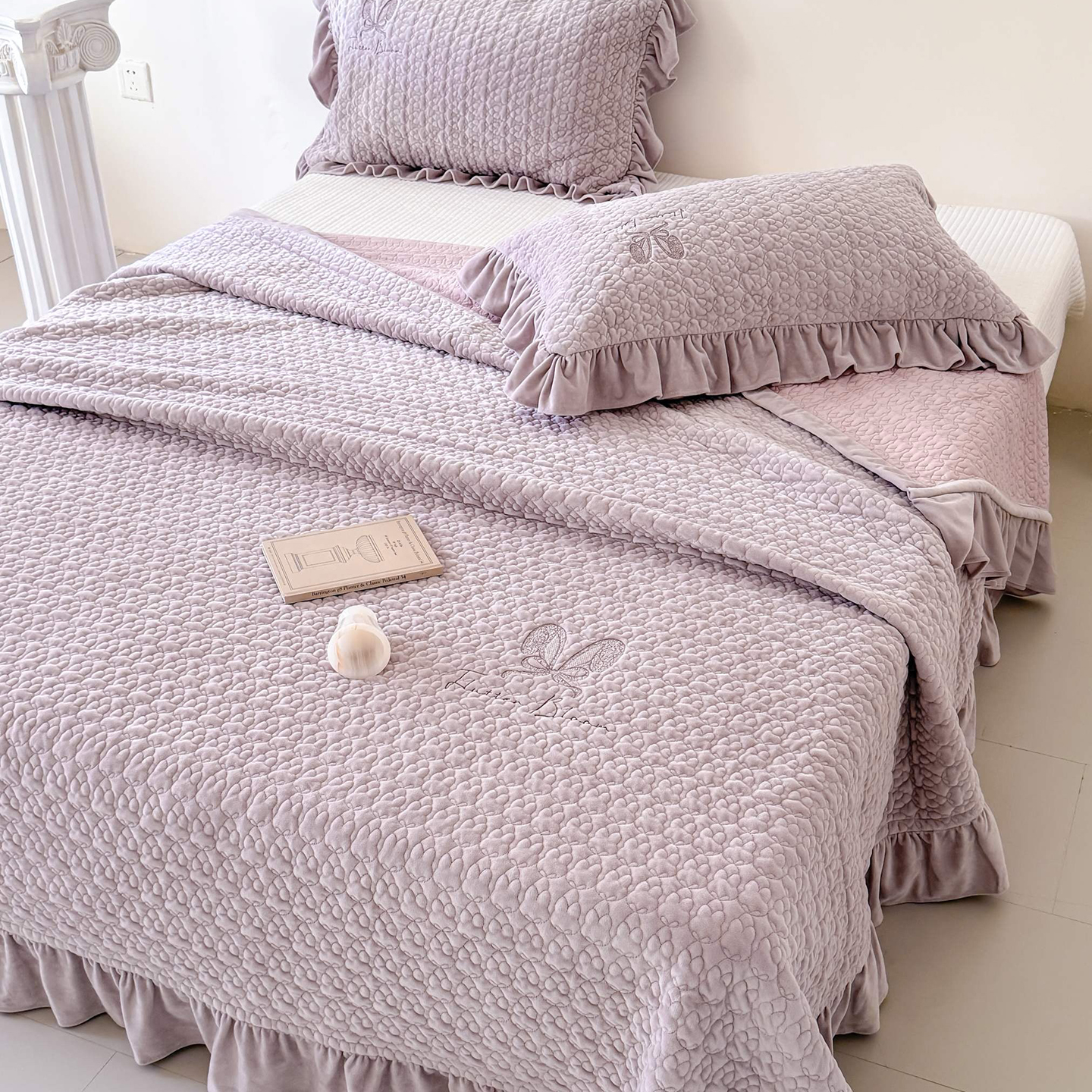 丽锦妃春野兔丽丝绒床盖三件套纯色卡通兔子秋冬保暖牛奶绒四件套