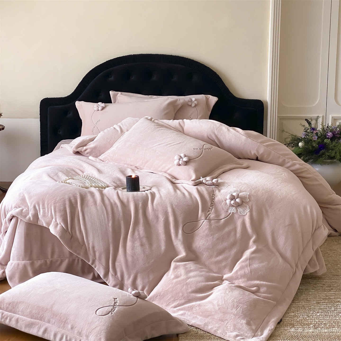 裸感绒法式小清新花朵一束时光秋冬加厚牛奶绒被套保暖四件套10斤