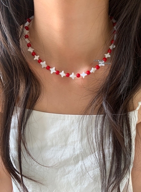 天然石新年红串珠项链小众设计