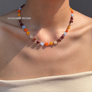 FHP 小众设计ins博主同款手工雏菊小花串珠项链 叠戴百搭锁骨链新