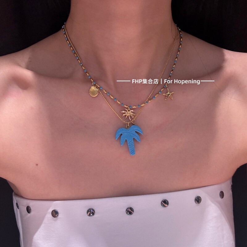 FHP 夏日南法小众蓝松石手工雕刻椰子树度假项链百搭时尚锁骨链女