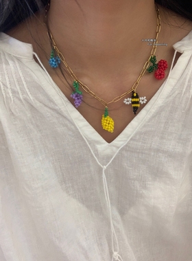 彩色水果蜜蜂手工串珠项链锁骨链