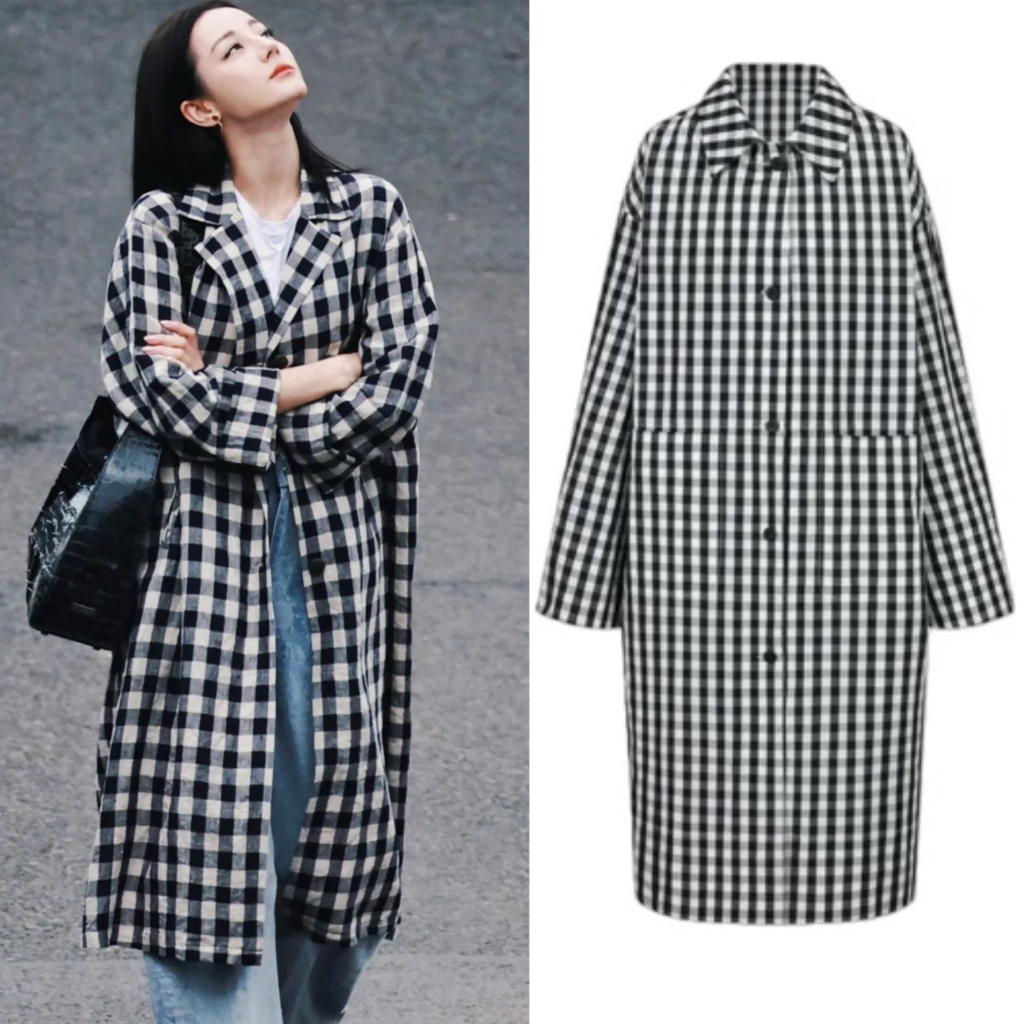 枭起青壤迪丽热巴聂九罗同款经典黑白格子宽松复古中长款风衣外套