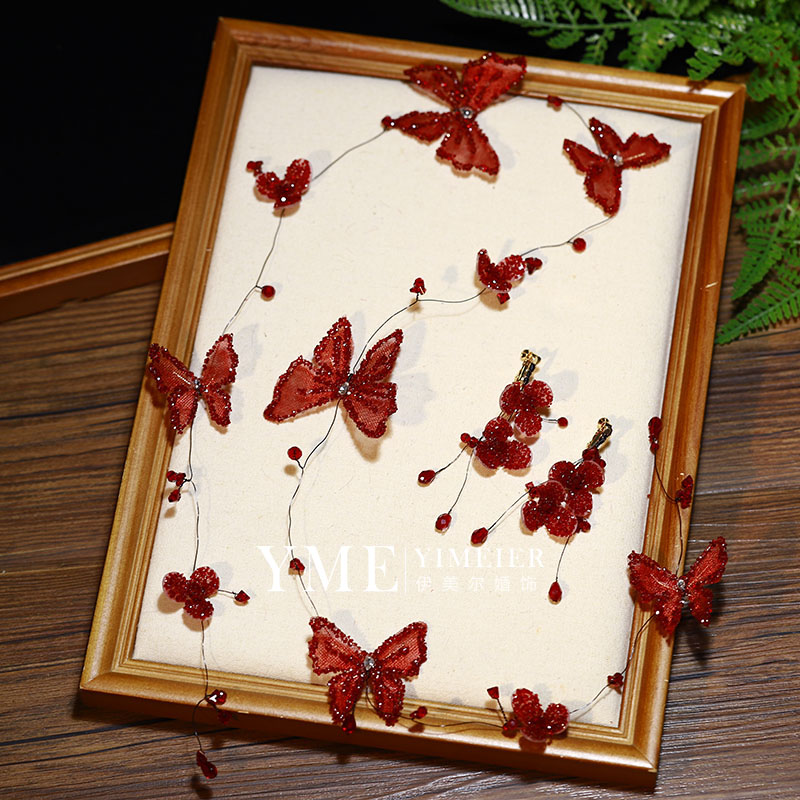 法式新品手作红色碎钻蝴蝶发饰