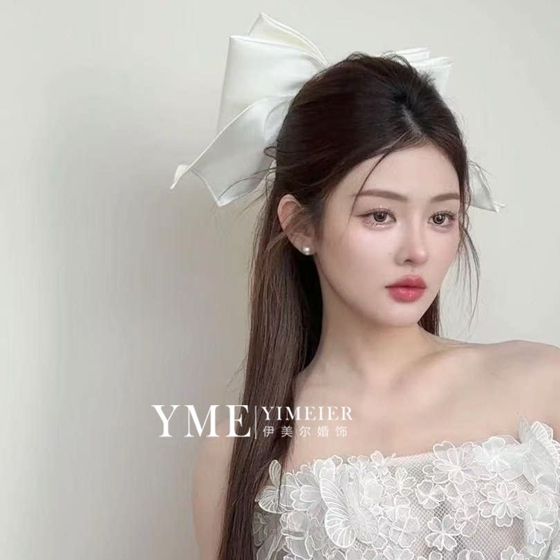 气质新款法式白色缎面大蝴蝶结发夹复古新娘浪漫礼服结婚高级头饰