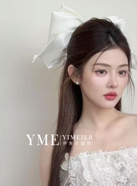 气质新款法式白色缎面大蝴蝶结发夹复古新娘浪漫礼服结婚高级头饰