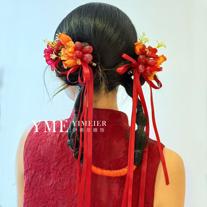 超仙红提花朵流苏蝴蝶结发夹