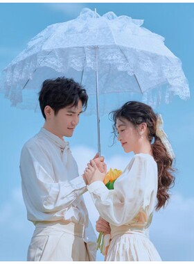 复古法式英伦风婚纱摄影外景旅拍道具蕾丝伞金色镜子黄色郁金香花