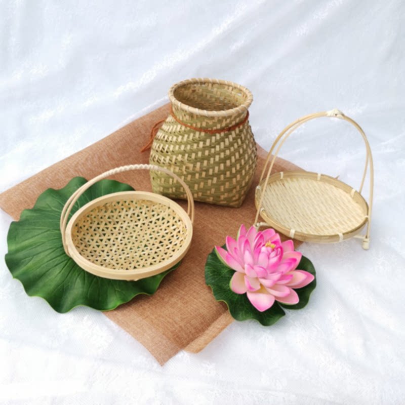 影楼古装汉服摄影道具手拿筐花篮工笔画风拍照装饰儿童竹编小提篮