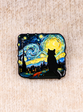创意梵高星空油画黑猫造型金属别针胸针百搭包包服装配饰精致胸花
