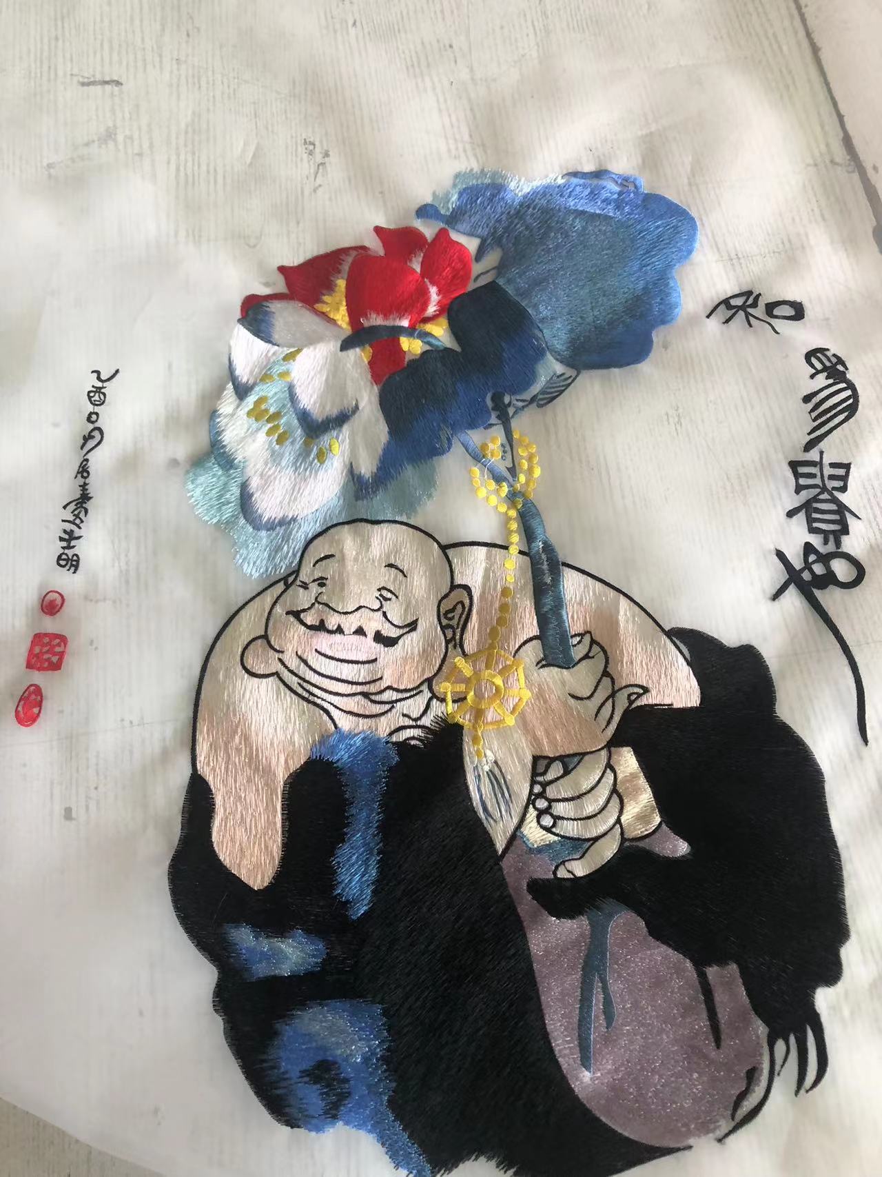 定制圆形方形双面半透明刺绣和尚人像荷花花鸟仕女古画人物装饰画图片